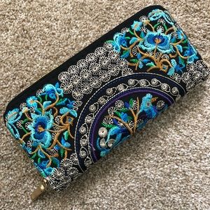 NEW embroidered wallet, Blue Gold Black